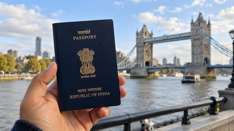Indian passport held in front of Tower Bridge, London, for a guide to passport renewal in the UK