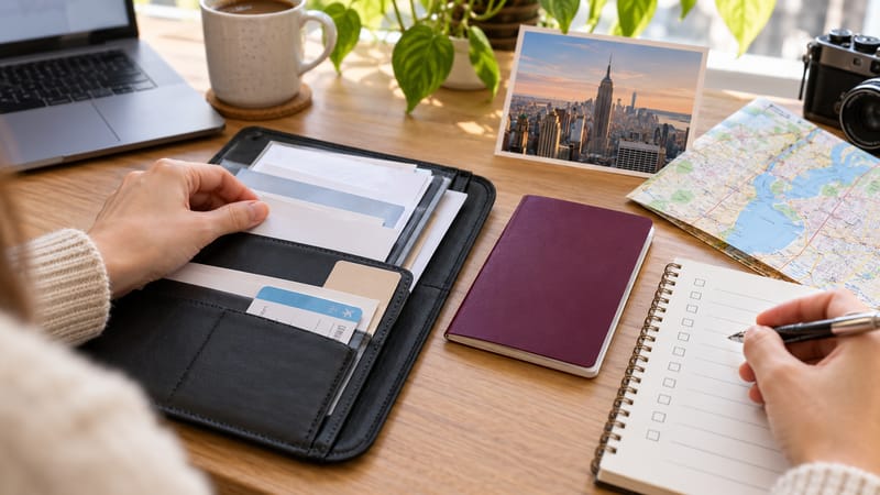 Traveller organising a travel folder and checklist beside a closed passport and New York postcard