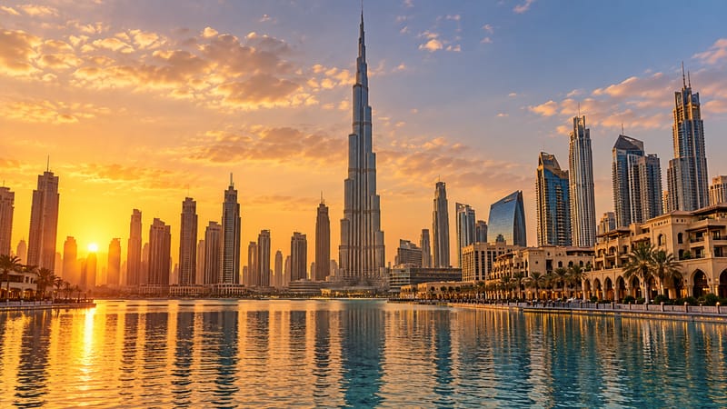 Burj Khalifa and the Dubai skyline reflected in water beneath a golden sunset