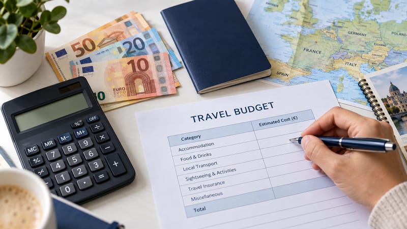 Person preparing a European travel budget beside euro notes, a calculator and a passport