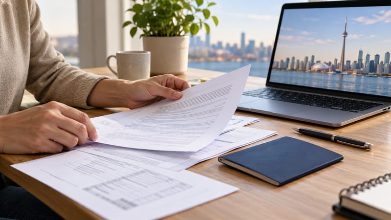 Hands reviewing visa paperwork beside a navy passport and a laptop showing Toronto’s skyline