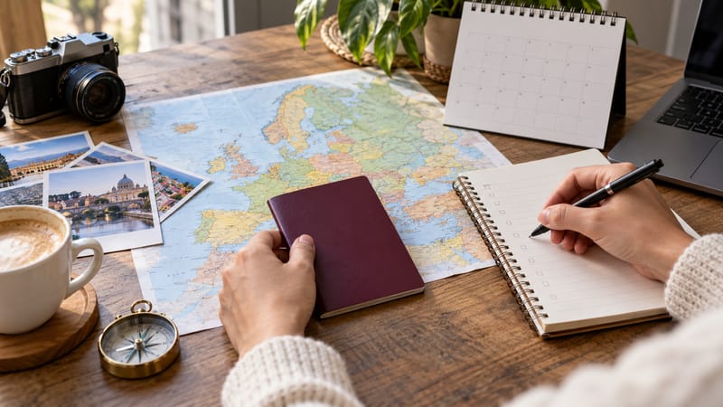 Traveller planning a European trip with a passport, calendar and itinerary notebook