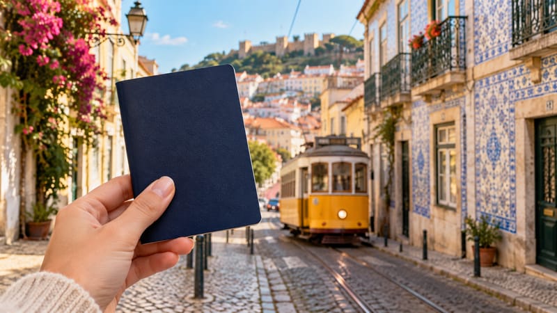 Hand holding a navy passport on a Lisbon street with a yellow tram and tiled buildings