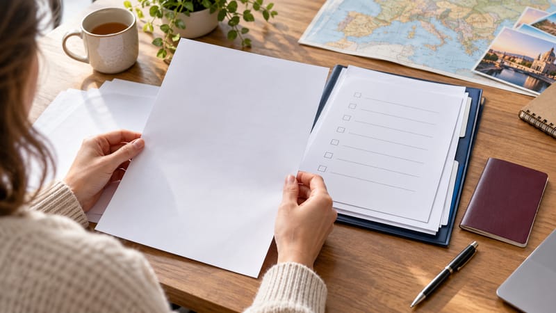 Traveller reviewing a letter beside a visa application checklist and closed passport