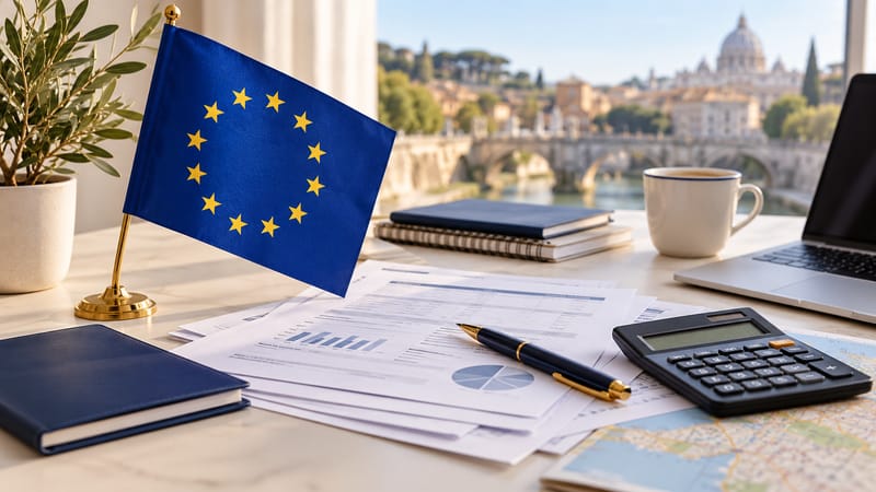 European Union flag beside financial documents, a calculator and laptop on a desk