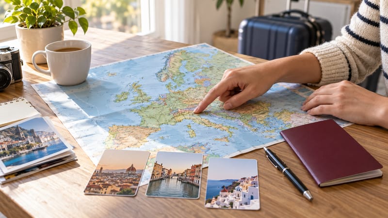 Traveller planning a European route on a map beside a closed passport and destination cards